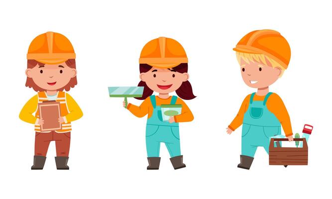 Kids builders wearing overalls and hardhats set. Cute boys and girl working with professional tools cartoon illustration