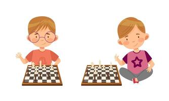 Cute boy and girl playing chess logic game for brain development cartoon illustration vector