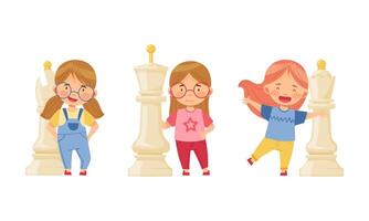 Little girls with big chess pieces. Kids playing chess logic game cartoon illustration vector
