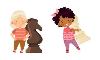Children with big chess pieces. Kids playing chess logic game cartoon illustration vector