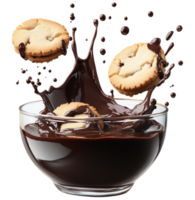Delicious butter cookies floating above bowl of rich melted chocolate, creating delightful splash. tempting treat for chocolate lovers Isolated on transparent background png