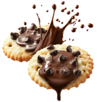 Delicious butter cookies topped with rich melted chocolate and chocolate chips, creating delightful splash effect, perfect for dessert lovers. Isolated on transparent background png
