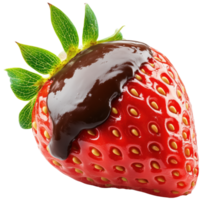 Rich, juicy strawberry dipped in smooth melted chocolate, creating delightful treat that is both sweet and indulgent. Isolated on transparent background png
