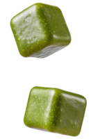 Fresh green herbal cubes, vibrant and glossy, floating against clean background, evoke sense of health and vitality. Isolated on transparent background png