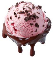 Delicious strawberry ice cream topped with rich chocolate shavings and drizzled with melted chocolate, creating delightful dessert experience. Isolated on transparent background png
