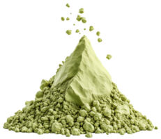 Green powdery substance forms mountain like structure, showcasing textured surface with small rocks and particles scattered around, evoking sense of natural Isolated on transparent background png
