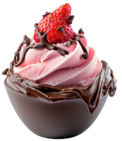 Delicious strawberry ice cream topped with rich chocolate sauce and fresh strawberry, creating delightful dessert experience. Isolated on transparent background png