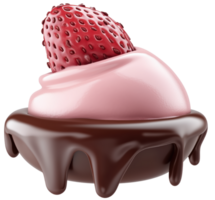 Delicious strawberry ice cream topped with fresh strawberry, served in chocolate coated bowl, creating delightful dessert experience. Isolated on transparent background png