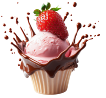 Delight in strawberry ice cream topped with fresh berry, surrounded by rich chocolate splashes, creating tempting dessert experience. Isolated on transparent background png