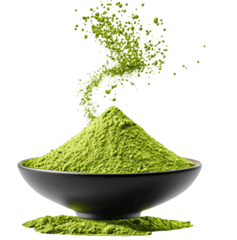 verde polvere nel ciotola, somigliante matcha o verde tè polvere, è elegantemente visualizzato con particelle galleggiante sopra, la creazione di dinamico e vivace visivo. isolato su trasparente sfondo png