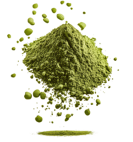 Green powder forms vibrant mound, surrounded by floating particles, showcasing its fine texture and rich color. This evokes sense of natural health and vitality. Isolated on transparent background png
