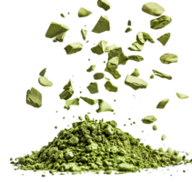 Green powder particles and chunks are suspended air, creating dynamic and energetic scene. vibrant green color suggests freshness and vitality, ideal for health Isolated on transparent background png
