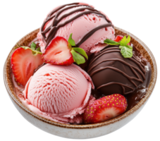 Delight in bowl of strawberry ice cream topped with rich chocolate drizzle, fresh strawberries, and mint leaves, perfect for sweet treat. Isolated on transparent background png