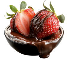 Strawberries dipped in rich melted chocolate in black bowl, creating delicious and tempting treat. Perfect for dessert lovers Isolated on transparent background png