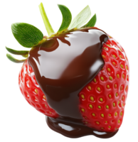 Fresh strawberry dipped in rich melted chocolate, showcasing delightful contrast of colors and textures, perfect for dessert lovers. Isolated on transparent background png