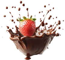 Fresh strawberry splashes into rich melted chocolate, creating enticing scene of indulgence and delight. vibrant red fruit contrasts beautifully with dark Isolated on transparent background png