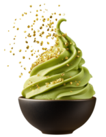Matcha green tea ice cream topped with gold sprinkles in dark bowl, creating luxurious and appetizing dessert experience. isolated on transparent background png