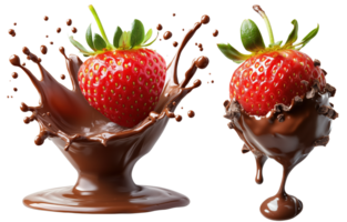 Delicious strawberry dipped in rich melted chocolate, creating delightful splash, evokes sense of indulgence and joy. Isolated on transparent background png