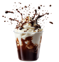 Creamy dessert topped with whipped cream and chocolate sauce, surrounded by splashes of coffee, creating delightful and indulgent visual experience. isolated on transparent background png