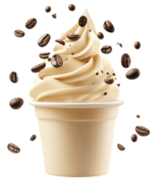 Creamy coffee ice cream topped with chocolate sprinkles and surrounded by coffee beans, creating delightful dessert experience. isolated on transparent background png