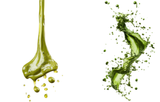Rich green paint drips and splashes create vibrant and dynamic visual, showcasing fluidity and texture of color. energetic movement evokes creativity isolated on transparent background png