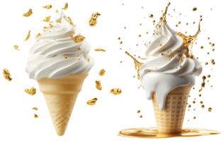 Delicious soft cream ice cream cones topped with gold flakes, creating luxurious dessert experience. Perfect for indulgence and celebration. isolated on transparent background png
