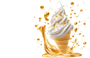 Delicious soft cream ice cream cone topped with golden sprinkles, creating joyful and indulgent scene. Perfect for dessert lovers isolated on transparent background png