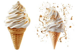 Delicious soft cream ice cream cones topped with gold accents, creating luxurious and tempting dessert experience. isolated on transparent background png