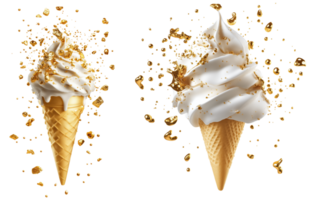 Delicious soft cream ice cream cones topped with gold flakes, creating luxurious and indulgent treat, perfect for any occasion. isolated on transparent background png