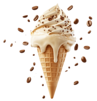 Creamy coffee ice cream cone topped with chocolate shavings and surrounded by coffee beans, creating delightful and indulgent treat. isolated on transparent background png