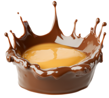 Rich melted chocolate with splash surrounding creamy butter center creates delightful visual. contrast of colors and textures evokes indulgence and luxury. Isolated on transparent background png