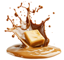 Rich cube of butter splashes into melted chocolate, creating delightful and dynamic scene of indulgence. vibrant colors and textures evoke sense of luxury Isolated on transparent background png