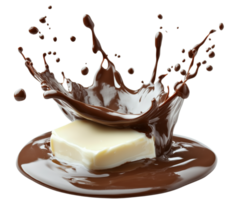 Rich melted chocolate splashes around piece of butter, creating dynamic and appetizing scene. contrast of colors and textures evokes sense of indulgence Isolated on transparent background png