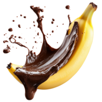 Banana splashed with rich melted chocolate creates delightful and tempting visual treat, perfect for dessert lovers. Isolated on transparent background png