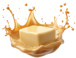 Creamy butter splashing in liquid, creating dynamic and appetizing scene. vibrant splash adds excitement to image, showcasing texture and richness of butter. Isolated on transparent background png