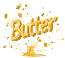 Creamy butter splashes and drips, creating vibrant and playful scene with golden hues and scattered chunks, evoking sense of indulgence and delight. Isolated on transparent background png