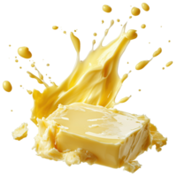 Creamy butter splashes against transparent background, showcasing its rich yellow color and smooth texture, evoking sense of freshness and indulgence. Isolated on transparent background png