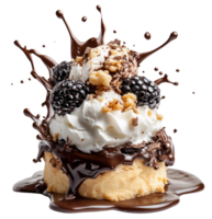 Decadent dessert featuring shortbread base topped with rich chocolate, whipped cream, blackberries, and splash of chocolate sauce, creating delightful treat. Isolated on transparent background png