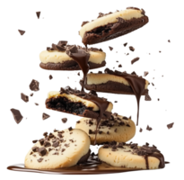 Floating butter cookies with rich melted chocolate create delightful visual treat, showcasing layers of sweetness and indulgence. Isolated on transparent background png
