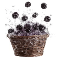 Fresh blackberries in rustic basket with water splash, isolated on transparent background png