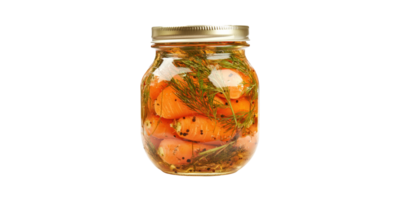 Jar of pickled carrots with spices and herbs isolated on transparent background png