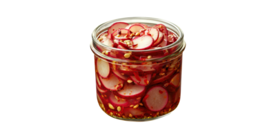 Jar of pickled radishes with spices isolated on transparent background png