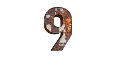Rusty metal number nine isolated on transparent background png