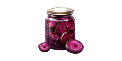Jar of sliced purple fruit preserved in liquid isolated on transparent background png