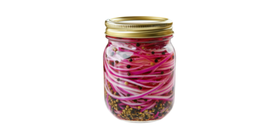 Pickled red onions in glass jar isolated on transparent background png