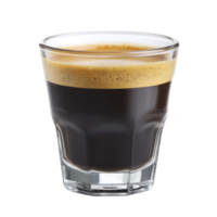 Clear glass filled with rich, dark espresso topped with creamy, golden crema, creating warm and inviting appearance. simplicity of glass highlights espresso deep color png