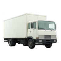 White delivery truck with large cargo area is parked, showcasing its boxy design and sturdy build, ideal for transporting goods. vehicle clean lines and neutral color convey reliability png