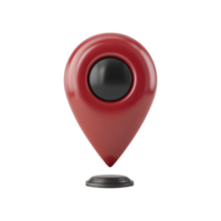 3D red location pin icon with glossy finish stands upright, symbolizing navigation or map markers. design is sleek and modern, with black circular center png