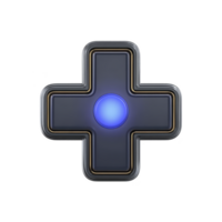 3D digital rendering of blue cross shaped button with glowing center, resembling game controller directional pad. design is sleek and modern, with metallic finish png