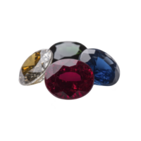 Collection of colorful gemstones including red, blue, yellow, and clear stones, each with faceted cut, displayed against plain background png